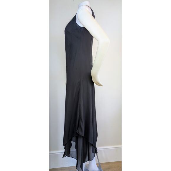 VTG Evan Picone Midi Maxi Dress 6 Black Beaded Sleeveless Sheer Scarf Hem + Wrap - Picture 7 of 12